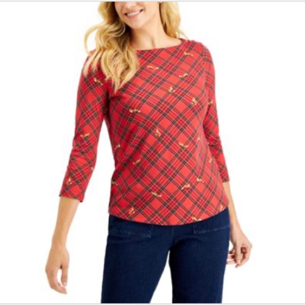 Charter Club RAVISHING RED Women S Fox Print Plaid Top US Large